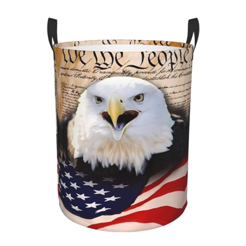 Mittelgroßer runder Wäschekorb - Patriotischer Weißkopfseeadler mit amerikanischer Flagge, Aufbewahrungskorb mit Griffen für Schlafzimmer, Badezimmer und Wohnzimmer Mittelgroßer runder Wäschekorb - Patriotischer Weißkopfseeadler mit amerikanischer Flagge, Aufbewahrungskorb mit Griffen für Schlafzimmer, Badezimmer und Wohnzimmer von JaoXer