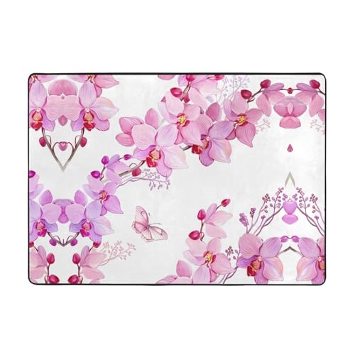 Moderner Teppich mit rosa Blumen und Schmetterlingen, 203,2 x 147,3 cm, weicher Teppich für Wohnzimmer, Büro, Couchtisch, Balkon, verschleißfest Moderner Teppich mit rosa Blumen und Schmetterlingen, 203,2 x 147,3 cm, weicher Teppich für Wohnzimmer, Büro, Couchtisch, Balkon, verschleißfest von JaoXer