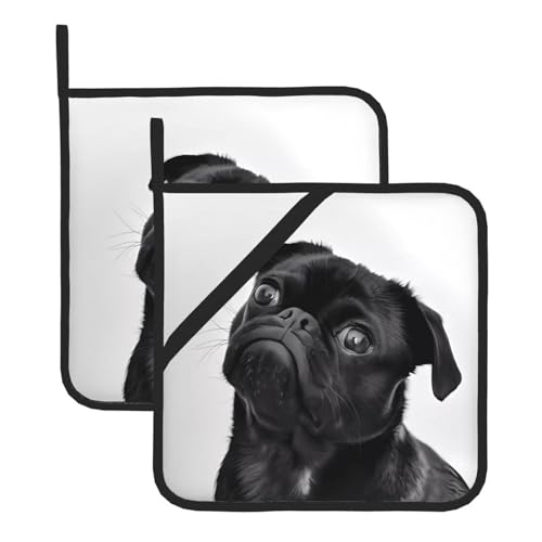 Niedliche schwarze Mops-Hunde-Topflappen-Sets für Küche und Grill, hitzebeständige Hotpads und Topflappen, perfekt zum Backen, Grillen Niedliche schwarze Mops-Hunde-Topflappen-Sets für Küche und Grill, hitzebeständige Hotpads und Topflappen, perfekt zum Backen, Grillen von JaoXer