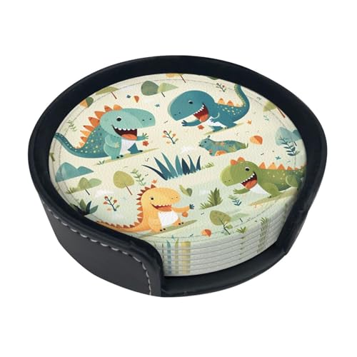 Niedliches kleines Baby-Dinosaurier-Druck-Untersetzer, saugfähig, rund, Set – 6 Stück Leder-Tassenuntersetzer für Zuhause, Küche, Bar, Kaffee, Büro Niedliches kleines Baby-Dinosaurier-Druck-Untersetzer, saugfähig, rund, Set – 6 Stück Leder-Tassenuntersetzer für Zuhause, Küche, Bar, Kaffee, Büro von JaoXer