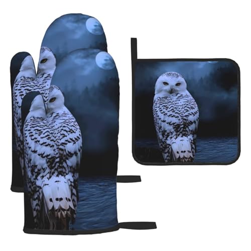 Ofenhandschuh-Set, Motiv: Eule bei Nacht, hitzebeständig, perfekt zum Backen, Grillen und Mikrowellenofen, 3-teilig Ofenhandschuh-Set, Motiv: Eule bei Nacht, hitzebeständig, perfekt zum Backen, Grillen und Mikrowellenofen, 3-teilig von JaoXer