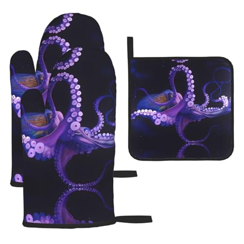 Ofenhandschuh-Set mit violetten Oktopus-Motiv, 3-teilig, hitzebeständig, perfekt zum Backen, Grillen und Mikrowellenofen von JaoXer