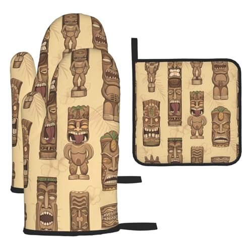 Ofenhandschuhe, Topflappen-Set mit Aloha-Tiki-Muster, 3-teilig, hitzebeständig, perfekt zum Backen, Grillen und Mikrowellenofen Ofenhandschuhe, Topflappen-Set mit Aloha-Tiki-Muster, 3-teilig, hitzebeständig, perfekt zum Backen, Grillen und Mikrowellenofen von JaoXer