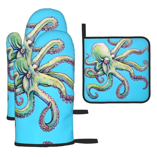 Ofenhandschuhe, Topflappen-Set mit Oktopus-Design, 3-teilig, hitzebeständig, perfekt zum Backen, Grillen und Mikrowellenofen Ofenhandschuhe, Topflappen-Set mit Oktopus-Design, 3-teilig, hitzebeständig, perfekt zum Backen, Grillen und Mikrowellenofen von JaoXer