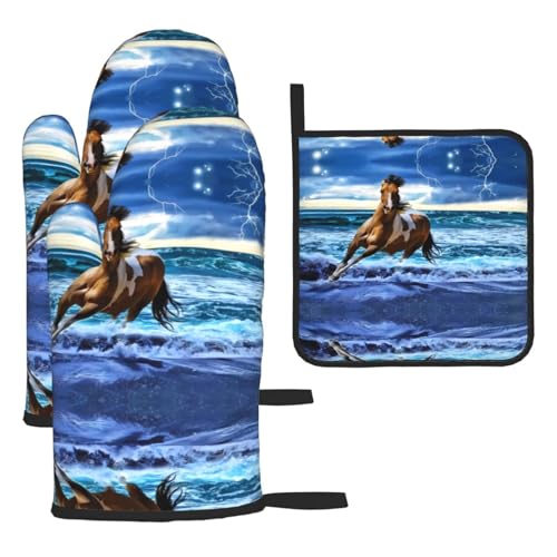 Ofenhandschuhe, Topflappen-Set mit laufendem Pferd, 3-teilig, hitzebeständig, perfekt zum Backen, Grillen und Mikrowellenofen Ofenhandschuhe, Topflappen-Set mit laufendem Pferd, 3-teilig, hitzebeständig, perfekt zum Backen, Grillen und Mikrowellenofen von JaoXer