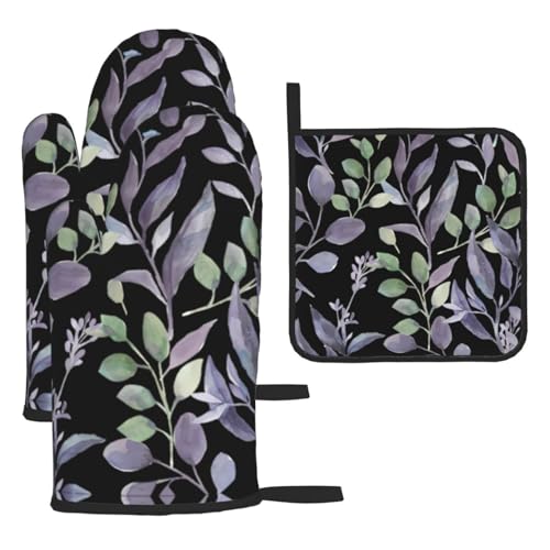 Ofenhandschuhe, Topflappen-Set mit violetten Salbeigrünen Blättern, hitzebeständig, perfekt zum Backen, Grillen und Mikrowellenofen, 3-teilig Ofenhandschuhe, Topflappen-Set mit violetten Salbeigrünen Blättern, hitzebeständig, perfekt zum Backen, Grillen und Mikrowellenofen, 3-teilig von JaoXer