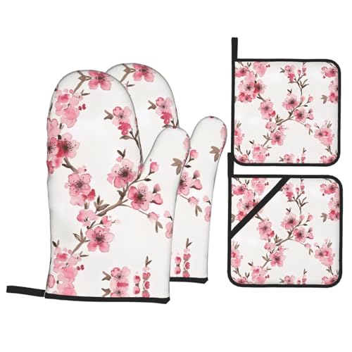 Ofenhandschuhe und Topflappen-Sets mit Kirschblüten-Motiv, hitzebeständige Küchenhandschuhe, Kochen, Backen, Grillen, Isolierung Ofenhandschuhe und Topflappen-Sets mit Kirschblüten-Motiv, hitzebeständige Küchenhandschuhe, Kochen, Backen, Grillen, Isolierung von JaoXer