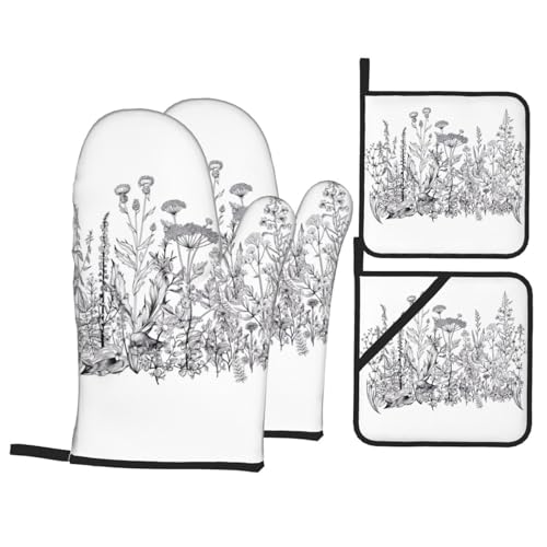 Ofenhandschuhe und Topflappen-Sets mit schwarzen und weißen Blumen – hitzebeständige Küchenhandschuhe zum Kochen, Backen, Grillen, Isolieren von JaoXer