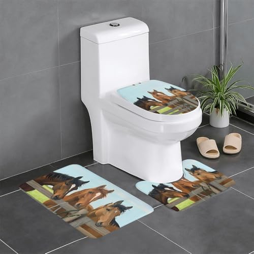 Pferde-Badezimmerteppich-Set, 3-teilig, WC-Bodenteppich, Badewanne, Dusche, waschbare Matten – bequeme und langlebige Badteppiche von JaoXer