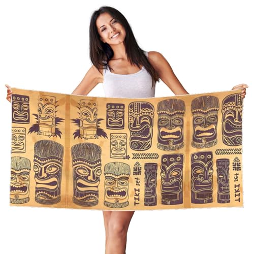 Samt-Strandtuch mit Aloha-Tiki-Muster, weiches Handtuch für Zuhause, Reisen, Schwimmbad, Sonnenbaden, Fitnessstudio, Weiß und Silberfuchs von JaoXer