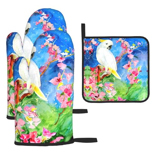 Schöne Kakadu Vogel Blume Ofenhandschuhe Topflappen Set - 3 Stück Küche Hitzebeständige Topflappen, perfekt zum Backen, Grillen & Mikrowellenofen Schöne Kakadu Vogel Blume Ofenhandschuhe Topflappen Set - 3 Stück Küche Hitzebeständige Topflappen, perfekt zum Backen, Grillen & Mikrowellenofen von JaoXer