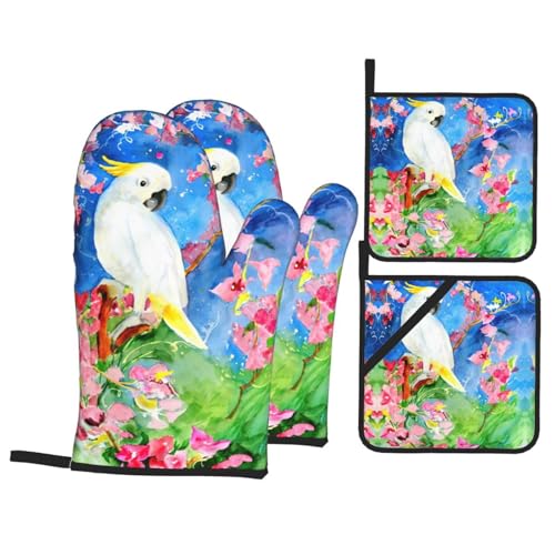 Schöne Ofenhandschuhe und Topflappen-Sets mit Kakadu-Vogel-Blumen-Motiv, hitzebeständige Küchenhandschuhe, Kochen, Backen, Grillen, Isolierung Schöne Ofenhandschuhe und Topflappen-Sets mit Kakadu-Vogel-Blumen-Motiv, hitzebeständige Küchenhandschuhe, Kochen, Backen, Grillen, Isolierung von JaoXer