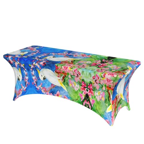 Schöne rechteckige Tischdecke mit Kakadu-Vogel-Blumendruck, abwischbar, dehnbar, langlebig, für den Innen- und Außenbereich Schöne rechteckige Tischdecke mit Kakadu-Vogel-Blumendruck, abwischbar, dehnbar, langlebig, für den Innen- und Außenbereich von JaoXer