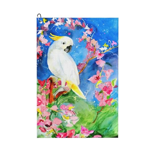 Schönes Kakadu Vogel Blume Druck Golf Club Handtuch für Männer & Frauen - Tragbar mit Karabiner Clip - Perfekt für Sport, Yoga, Fitnessstudio, Strand Schönes Kakadu Vogel Blume Druck Golf Club Handtuch für Männer & Frauen - Tragbar mit Karabiner Clip - Perfekt für Sport, Yoga, Fitnessstudio, Strand von JaoXer