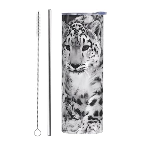 Straw Zweiteiliges Set Edelstahlbecher mit Deckel – 590 ml Schneeleoparden-Druck, isolierte Wasserflasche, perfekt für Sport, Büro und Zuhause von JaoXer
