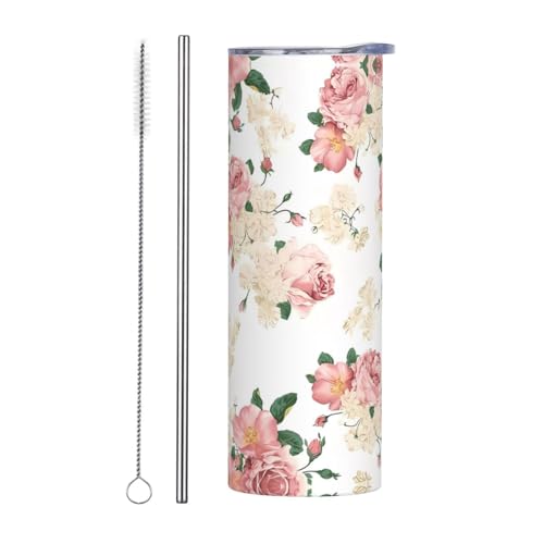 Straw Zweiteiliges Set Edelstahlbecher mit Deckel – 590 ml rosa Rose Blume mit Blätteraufdruck, isolierte Wasserflasche, perfekt für Sport, Büro und Zuhause Straw Zweiteiliges Set Edelstahlbecher mit Deckel – 590 ml rosa Rose Blume mit Blätteraufdruck, isolierte Wasserflasche, perfekt für Sport, Büro und Zuhause von JaoXer