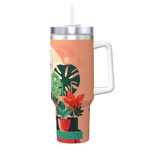 Thermobecher mit grünem Pflanzen-Druck, 1,2 l, Eisbully mit Griff, Strohhalm, vakuumisoliert, für Fitnessstudio, Camping, Büro, Auto Thermobecher mit grünem Pflanzen-Druck, 1,2 l, Eisbully mit Griff, Strohhalm, vakuumisoliert, für Fitnessstudio, Camping, Büro, Auto von JaoXer