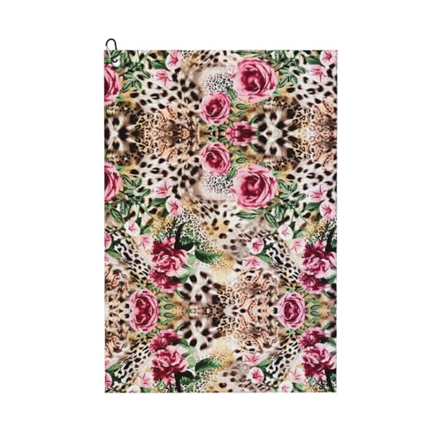 Tier Tiger Leopard Print Rose Flower Print Golf Club Handtuch für Männer & Frauen - Tragbar mit Karabiner Clip - Perfekt für Sport, Yoga, Fitnessstudio, Strand von JaoXer