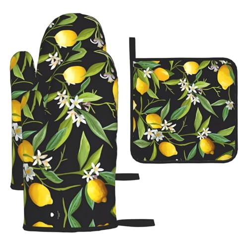 Topflappen-Set mit Zitronen- und Blumenmotiv, hitzebeständig, perfekt zum Backen, Grillen und Mikrowellenofen, 3-teilig Topflappen-Set mit Zitronen- und Blumenmotiv, hitzebeständig, perfekt zum Backen, Grillen und Mikrowellenofen, 3-teilig von JaoXer