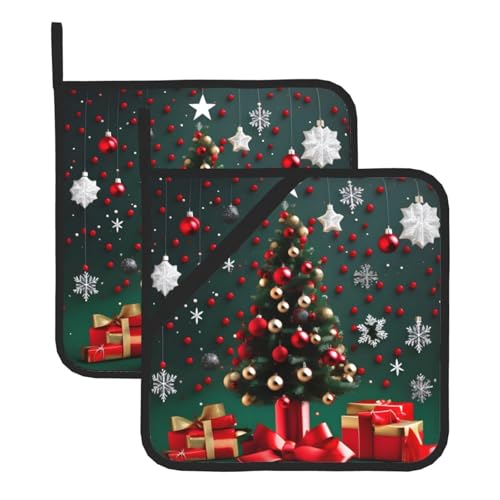 Topflappen-Sets mit runden Kugeln, Weihnachtsbaum-Druck, hitzebeständige Topflappen, Küchenofenhandschuhe zum Backen, Grillen und Mikrowellenherd Topflappen-Sets mit runden Kugeln, Weihnachtsbaum-Druck, hitzebeständige Topflappen, Küchenofenhandschuhe zum Backen, Grillen und Mikrowellenherd von JaoXer