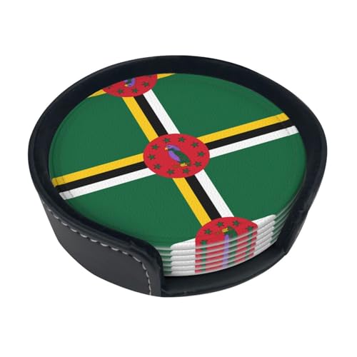 Untersetzer mit Flagge des Commonwealth of Dominica, saugfähig, rund, 6 Stück, Leder, Tassenuntersetzer für Zuhause, Küche, Bar, Kaffee, Büro von JaoXer