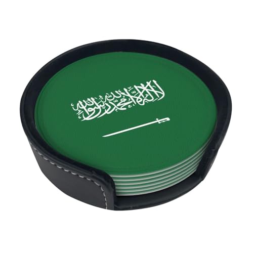 Untersetzer mit Flagge von Saudi-Arabien, saugfähig, rund, 6 Stück, Leder, Tassenuntersetzer für Zuhause, Küche, Bar, Kaffee, Büro Untersetzer mit Flagge von Saudi-Arabien, saugfähig, rund, 6 Stück, Leder, Tassenuntersetzer für Zuhause, Küche, Bar, Kaffee, Büro von JaoXer