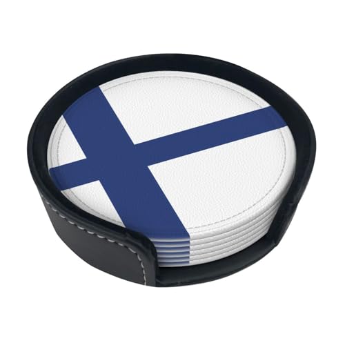 Untersetzer mit finnischer Flagge, saugfähig, rund, 6 Stück, Leder, Tassenuntersetzer für Zuhause, Küche, Bar, Kaffee, Büro Untersetzer mit finnischer Flagge, saugfähig, rund, 6 Stück, Leder, Tassenuntersetzer für Zuhause, Küche, Bar, Kaffee, Büro von JaoXer