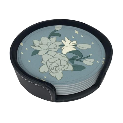Untersetzer mit weißem Bauhinia-Druck, saugfähig, rund, 6 Stück, Leder, Tassenuntersetzer für Zuhause, Küche, Bar, Kaffee, Büro Untersetzer mit weißem Bauhinia-Druck, saugfähig, rund, 6 Stück, Leder, Tassenuntersetzer für Zuhause, Küche, Bar, Kaffee, Büro von JaoXer