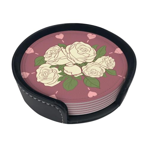Untersetzer mit weißer Rose der Liebe, saugfähig, rund, 6 Stück, Leder, Tassenuntersetzer für Zuhause, Küche, Bar, Kaffee, Büro Untersetzer mit weißer Rose der Liebe, saugfähig, rund, 6 Stück, Leder, Tassenuntersetzer für Zuhause, Küche, Bar, Kaffee, Büro von JaoXer