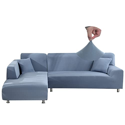 Jaotto Sofa Überwürfe Sofabezug Elastische Spandex Stretch Sofabezüge Couchbezug für L-Form Sofa Universal Waschbar Sofaüberwurf 2er Antirutsch(1 Sitzer+3 Sitzer,Grau Blau) von Jaotto