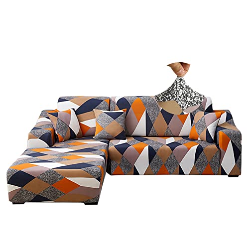 Jaotto Sofa Überwürfe Sofabezug Elastische Spandex Stretch Sofabezüge Couchbezug für L-Form Sofa Universal Waschbar Sofaüberwurf 2er Antirutsch(2 Sitzer+2 Sitzer,Orangefarbene Geometrie) von Jaotto