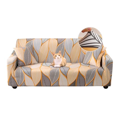 Jaotto Sofabezug 2 Sitzer Elastischer Stretch Spandex Sofa Überwürfe Sofahusse Antirutsch Waschbar Sofaschoner Couchbezug für Sofa mit Armlehne,Gelb Blätter von Jaotto