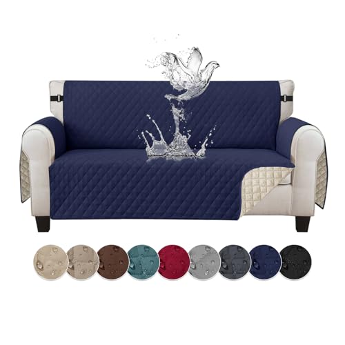 Jaotto Sofabezug 3 Sitzer wasserdichte Sofa Überzug mit Armlehnen Antirutsch Sofaschoner Sofaüberwurf Reversible Gesteppte Couch überzug für Haustiere Katzen Hunde,Marineblau von Jaotto