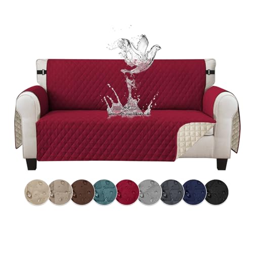 Jaotto Sofabezug 3 Sitzer wasserdichte Sofa Überzug mit Armlehnen Antirutsch Sofaschoner Sofaüberwurf Reversible Gesteppte Couch überzug für Haustiere Katzen Hunde,Weinrot von Jaotto