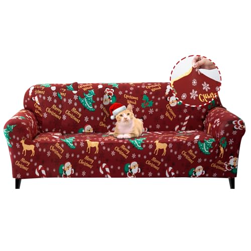 Jaotto Sofabezug 4 Sitzer Elastischer Stretch Spandex Sofa Überwürfe Sofahusse Antirutsch Waschbar Sofaschoner Couchbezug für Sofa mit Armlehne,Weihnachtsmann von Jaotto