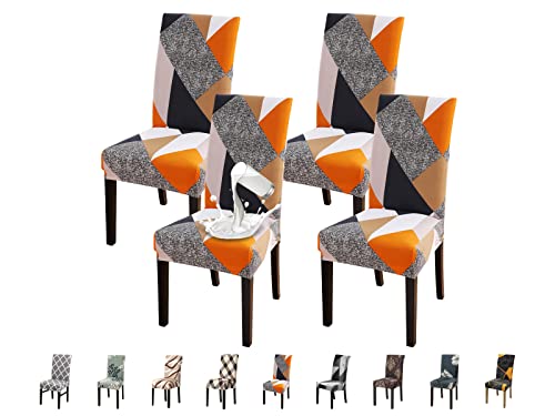 Jaotto Stuhlhussen 4er Set Wasserdicht Stuhlhussen für Esszimmerstühle Stretch Stuhlhussen Schwingstühle Waschbarer Universal Dekoration Stuhlbezug für Haus Restaurant Küche Hotel,Geometrie Orange von Jaotto