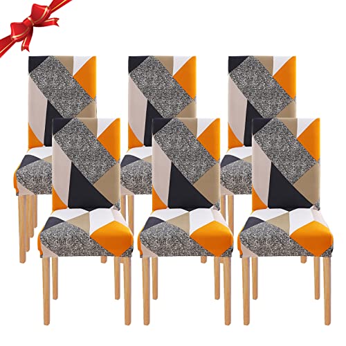 Jaotto Stuhlhussen 6 Stück Universal, Stuhlhusse Stretch 6er Set Moderne, Stuhlhussen Schwingstühle Elastische Langlebig Stuhlhussen für Esszimmer Bankett Deko(Orangefarbene Geometrie,6 Stück) von Jaotto