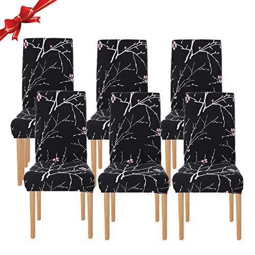 Jaotto Stuhlhussen 6 Stück Universal, Stuhlhusse Stretch 6er Set Moderne, Stuhlhussen Schwingstühle Elastische Langlebig Stuhlhussen für Esszimmer Bankett Deko(Schwarze Blume,6 Stück) von Jaotto