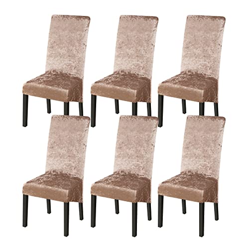 Jaotto Stuhlhussen 6er Set Stretch, XL Stuhlhussen Abwaschbar Waschbarer Elastische, Stretch Stuhlschoner Große Stuhlbezüge für Esszimmer Büro Esszimmer Hotel Bankett(Glänzender Samt#Braun,Set of 6) von Jaotto