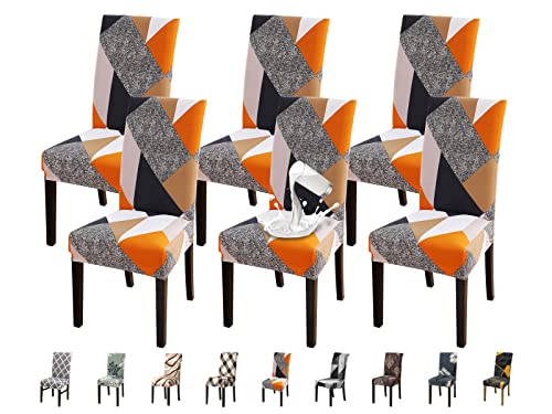 Jaotto Stuhlhussen 6er Set Wasserdicht Stuhlhussen für Esszimmerstühle Stretch Stuhlhussen Schwingstühle Waschbarer Universal Dekoration Stuhlbezug für Haus Restaurant Küche Hotel,Geometrie Orange von Jaotto