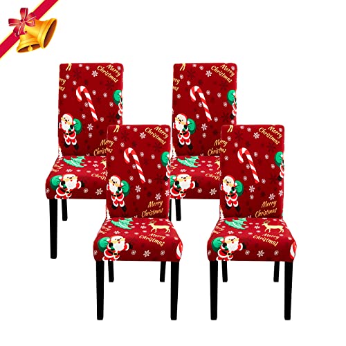 Jaotto Stuhlhussen Weihnachten 4er Set Universal,Stuhlhusse Stretch Moderne,Stuhlhussen Schwingstühle Elastische Langlebig Stuhlhussen für Feiertagsdekoration Weihnachten(Rotwein/Weihnachtsmann,4) von Jaotto