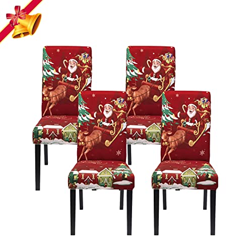 Jaotto Stuhlhussen Weihnachten 4er Set Universal,Stuhlhusse Stretch Moderne,Stuhlhussen Schwingstühle Elastische Langlebig Stuhlhussen für Feiertagsdekoration Weihnachten(Rotwein/Xmas,4 Stück) von Jaotto