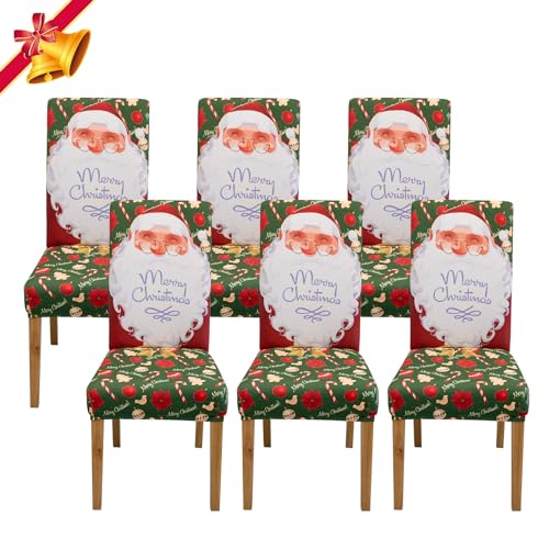 Jaotto Weihnachts-Esszimmerstuhlhussen, 6er-Set, dehnbar, abnehmbare Weihnachtsstuhlbezüge für Esszimmer, hohe Rückenlehne, Esszimmerstuhl-Schonbezug, Weihnachtsdekoration (grün/Weihnachtsmann, 6) von Jaotto