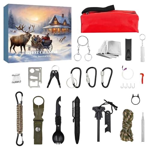 Adventskalender Survival Kit für Männer 2025, 24 Tage Weihnachts-Countdown mit Outdoor-Werkzeugen für Männer, Weihnachts-Adventskalender Notfall-Überlebensausrüstung (A) von Jaoxiuozi