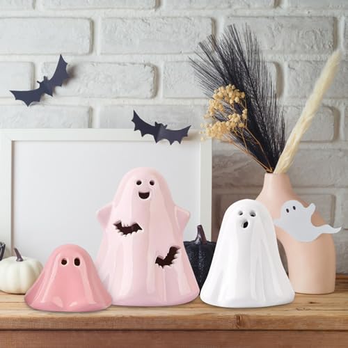 Jaoxiuozi 3 Stück Halloween Geisterfigur Statue, Halloween Deko Keramik Cute Geist Statue, Niedliche Geister Desktop Ornamente Dekoration Tischdeko Outdoor Indoor (A) von Jaoxiuozi