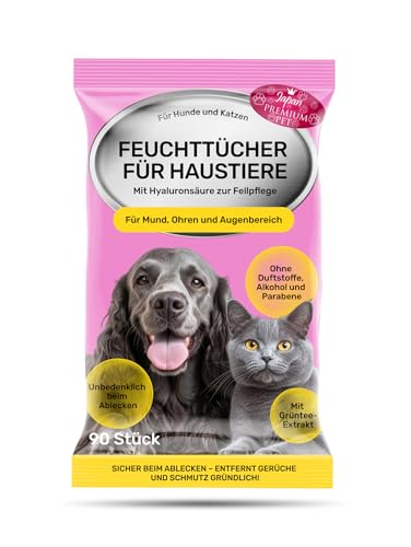 Japan Premium Pet Haustier Feuchte Tücher für Augen, Ohren & Mund | Essentiell Pet Supplies für Katzen & Hunde Pflege | Allzweck Reinigungstücher für Hund und Katze | Pflegetücher Hund | 90 Wipes von Japan Premium Pet