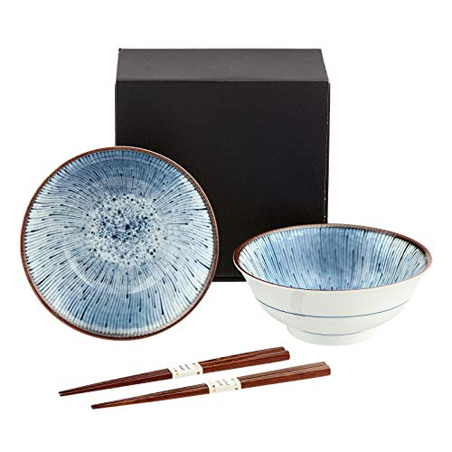 B-Ware, ZWEITE WAHL japanische Suppenschalen Set HANABI Geschenkset Porzellan Suppenschüssel für Udon Soba Ramen inkl. Essstäbchen hergestellt in Japan Ø 18,8 cm, H 7,7 cm von Japan Shop Yumeya