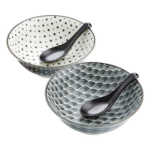MAMEHA 2er Suppenschüssel Set mit Porzellanlöffeln Geschenkset Porzellan aus Japan Ø 19,7 cm, H 7,5 cm von Japan Shop Yumeya