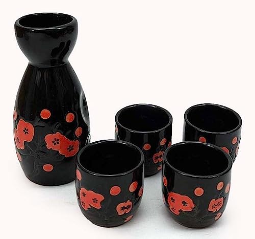 JapanBargain 4910 Sake-Set aus Porzellan, Sakeflasche und Saki-Set, mikrowellengeeignet, 142 ml, schwarze Pflaumenblüte von JapanBargain