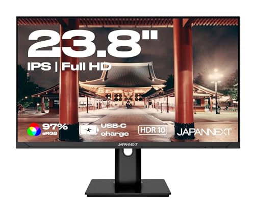 JapanNext Monitor 23.8" IPS Full HD (1920x1080) | HDR | USB-C-Aufladung (65W) Höhen- & Neigungsverstellung (HSP) Integrierte Lautsprecher | G-Sync/FreeSync | 2 Jahre Garantie | JN-IPS238FHDR-C65W-HSP von JapanNext